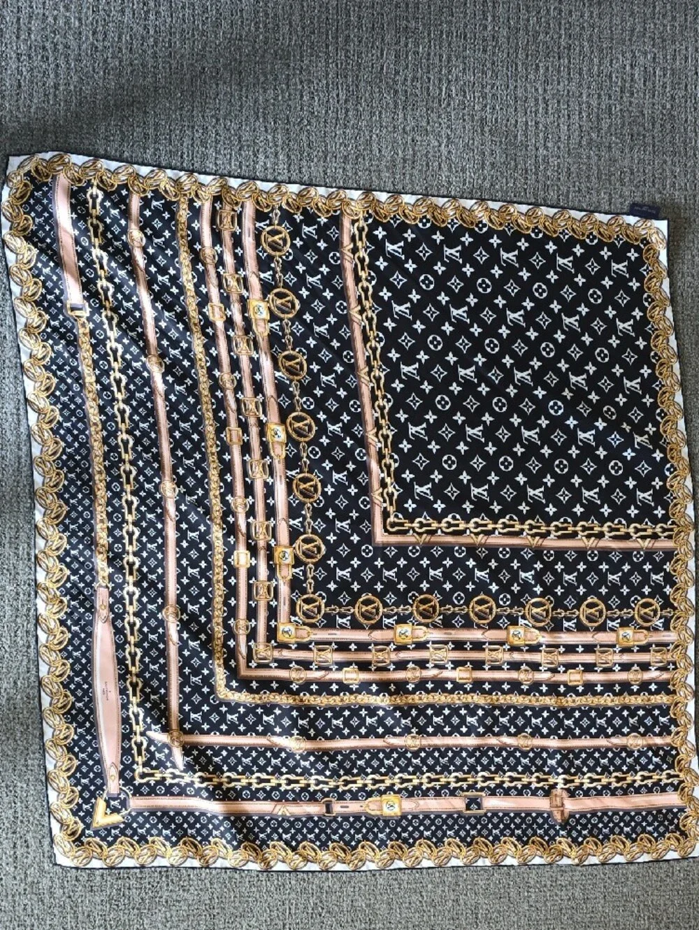 Louis Vuitton Black, White & Gold Monogram Silk Scarf with Chain & Box